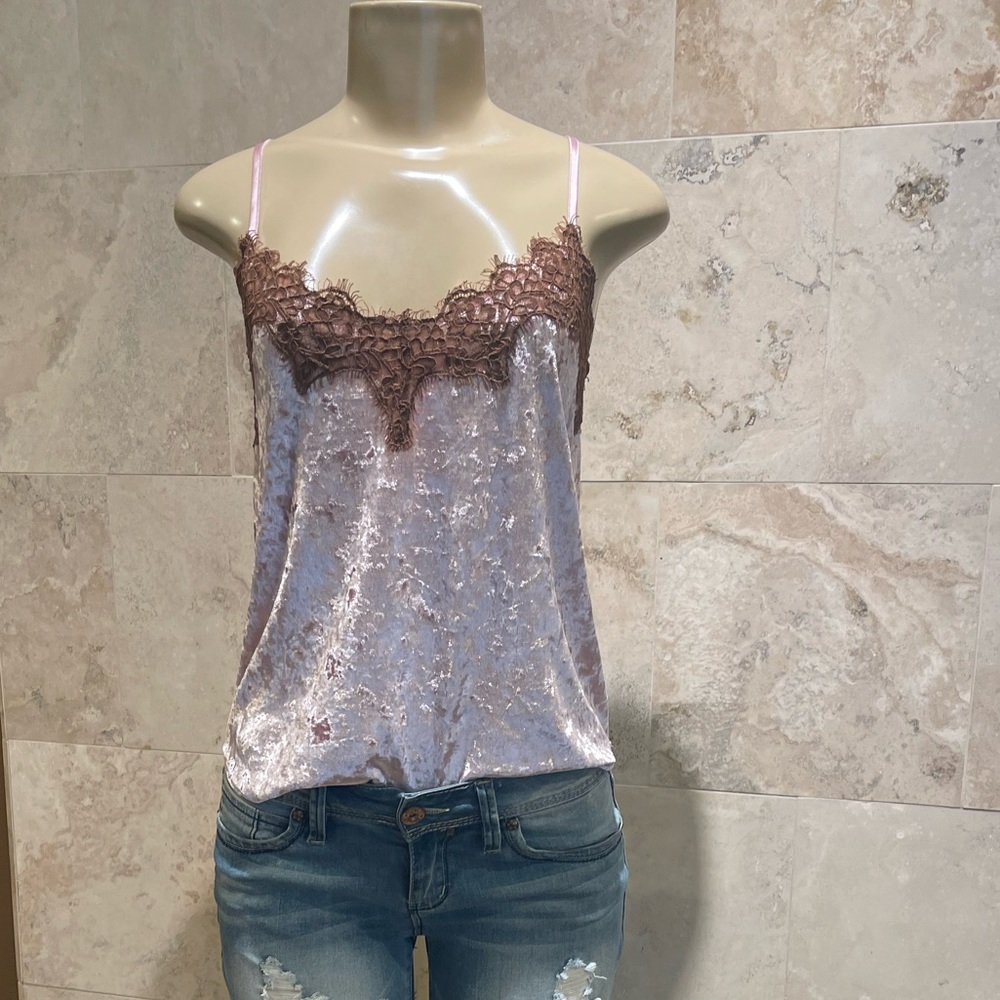 Deane NWT cami pink velvet with bronze/brown lace detail